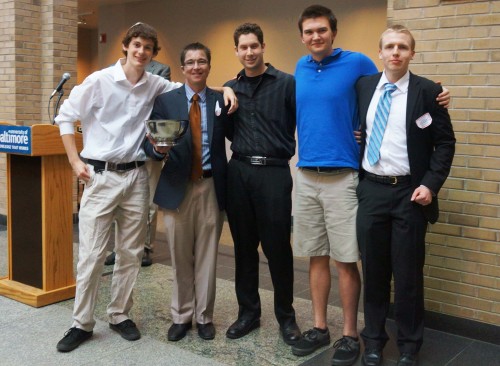 Anne Arundel Community College’s Ethics Team took first place in the recent 11th Annual Community College Ethics Bowl Competition. The team includes, from left, Cameron Smith of Glen Burnie; coach Kevin H. Murphy, assistant professor of Philosophy; Zach Yokel of Greenbelt; Sam Edwards of Severna Park; and Bill Moynihan of Arnold.