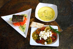 rockfish and corn seafood soup and marinated heirloom tomatoes