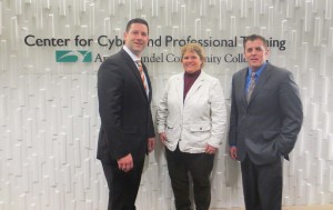 New “Growing the Cyber Analyst” training begins this spring at the CyberCenter at Anne Arundel Community College’s Center for Cyber and Professional Training in Hanover with curriculum developed by OPS Consulting and the CyberCenter. From left are Tony Jordan, OPS Consulting Director of Analytics; Kelly Koermer, AACC Executive Director of the Center for Cyber and Homeland Security Technology and Joint Ventures; and Ben Stafford, OPS Consulting Cyber Analysis Support Specialist.