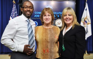 As successful graduates of an earlier federal training program, Anne Arundel Community College alumni Gary Pollard Jr. and Ginny Quillen were part of the White House program announcing new training opportunities under a grant the U.S. Department of Labor. AACC President Dr. Dawn Lindsay and a contingent of 15 other staff, faculty and students were invited to the event.